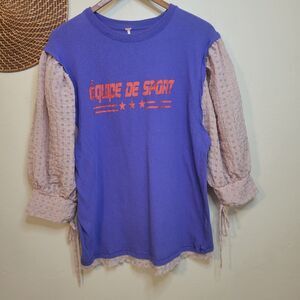 Free People Just Met‎ Tee in Sport Combo Purple Pink Ruffle Sleeves Small